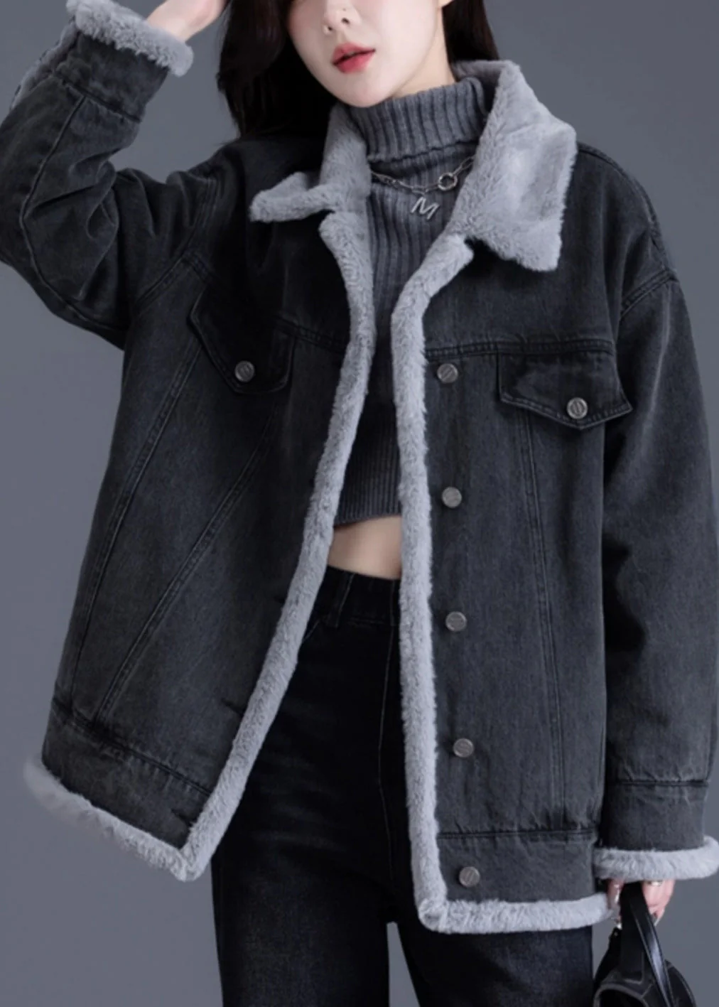 Style Black Oversized Pockets Warm Fleece Jackets Winter