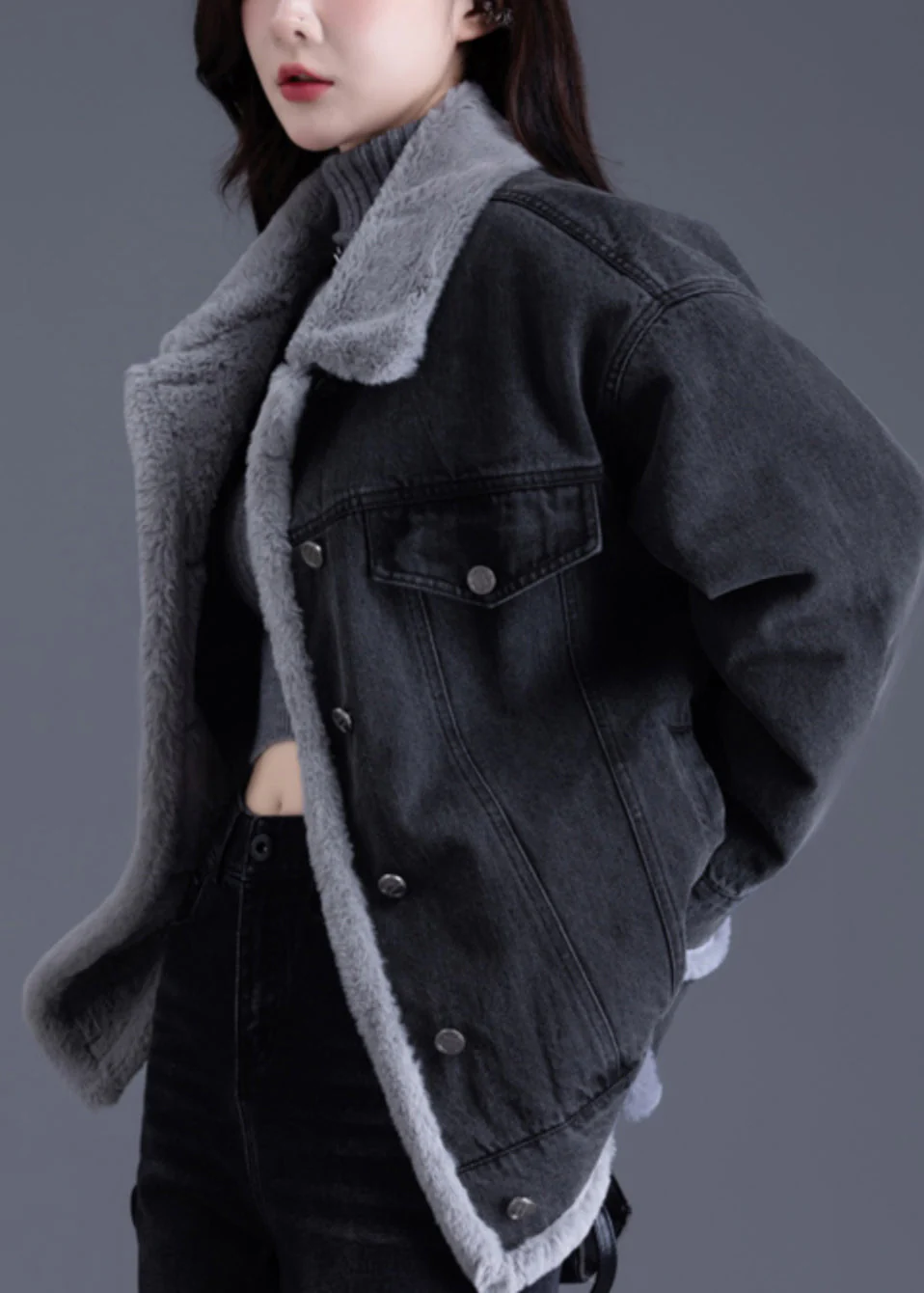 Style Black Oversized Pockets Warm Fleece Jackets Winter - Image 2