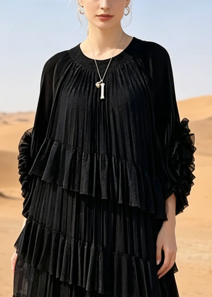 Style Black Oversized Ruffles Chiffon Holiday Dresses Summer - Image 2