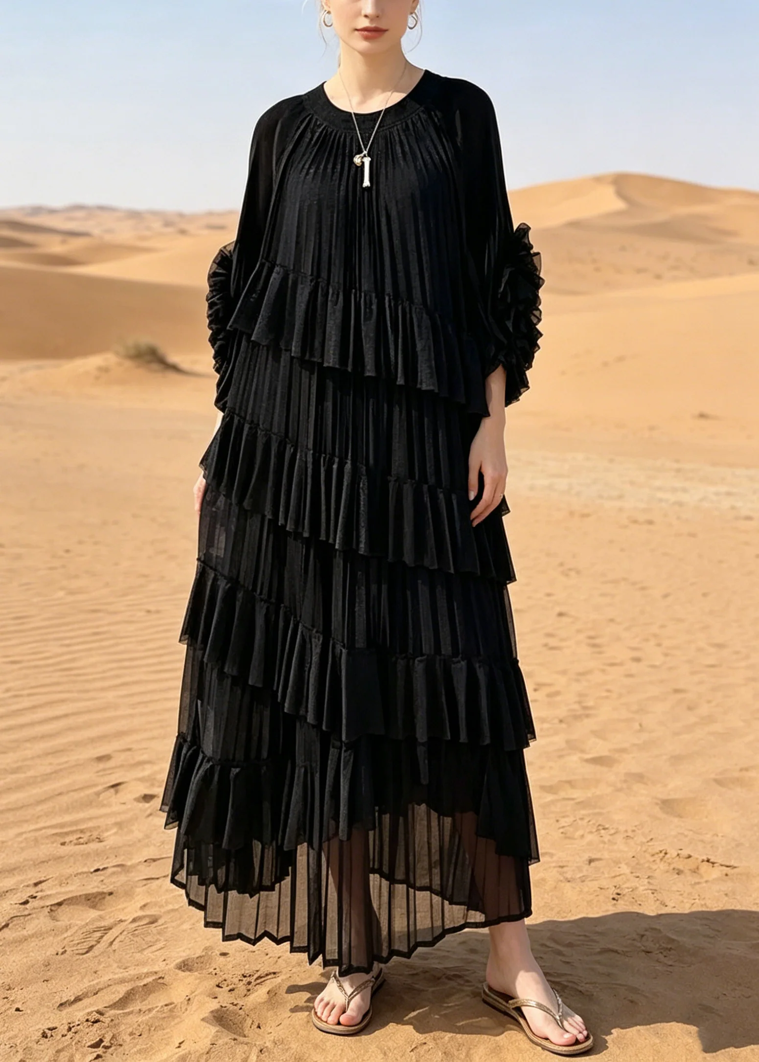 Style Black Oversized Ruffles Chiffon Holiday Dresses Summer - Image 5