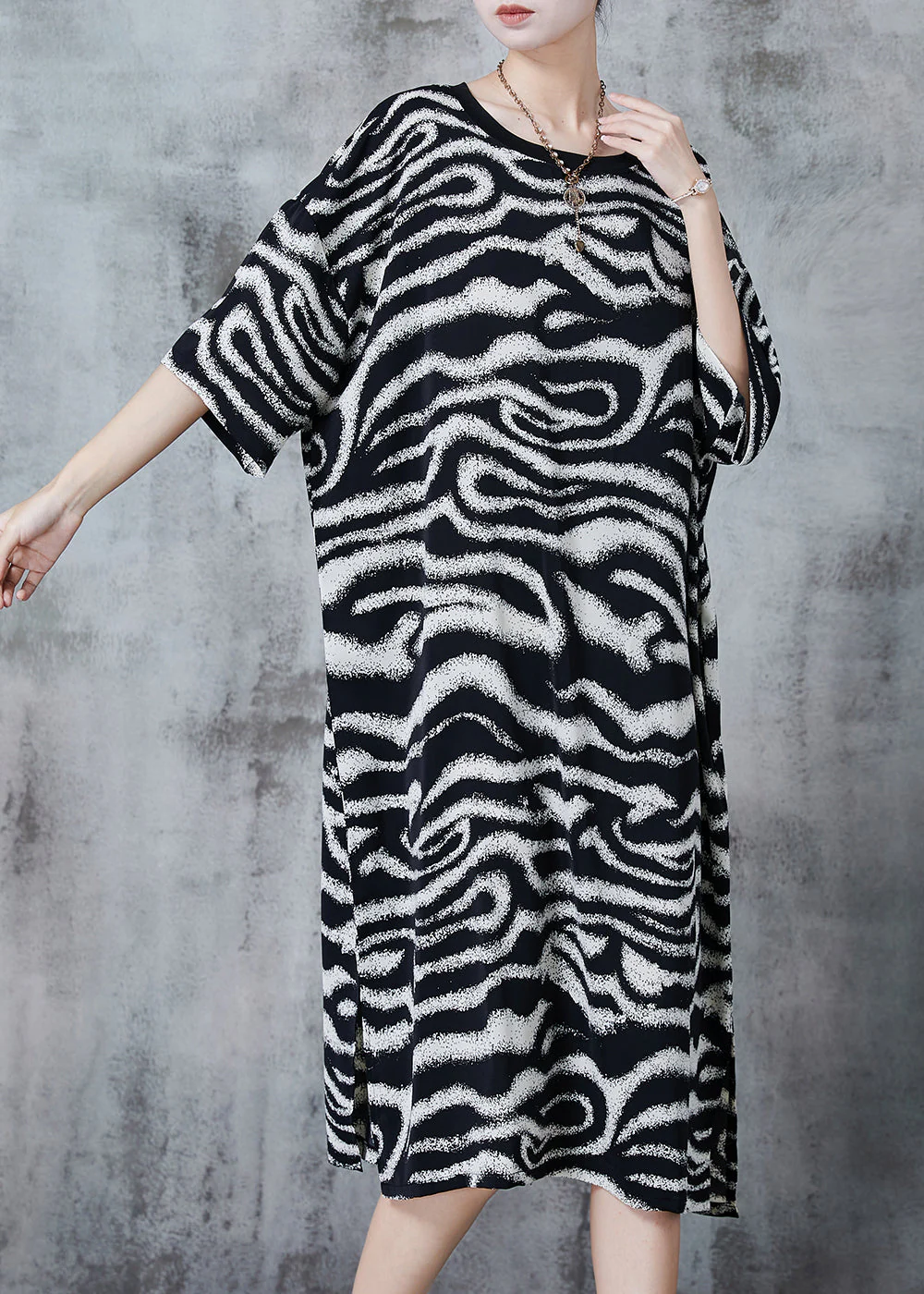 Style Black Oversized Striped Chiffon Maxi Dresses Summer - Image 3