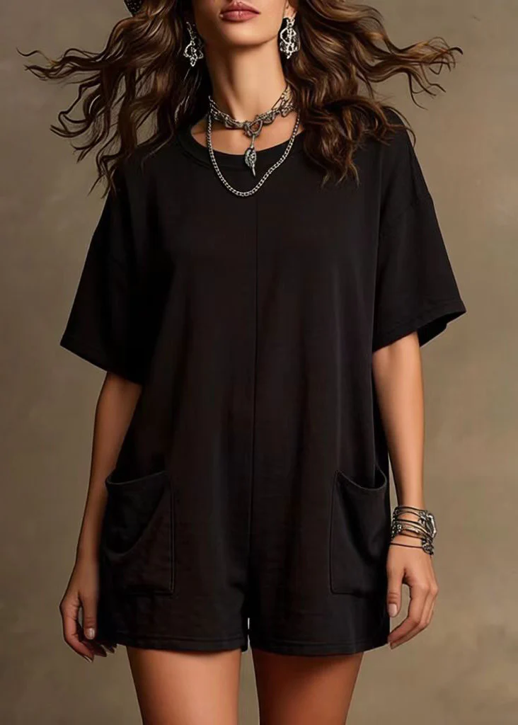 Style Black Oversized With Pockets Cotton Shorts Jumpsuits Summer - Image 5