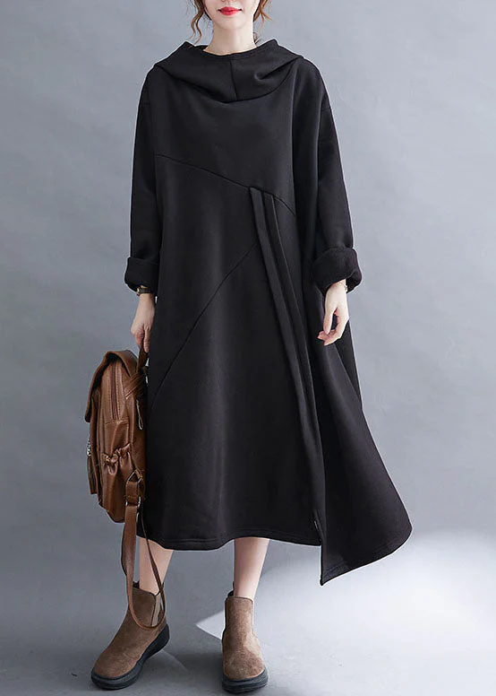 Style Black Patchwork Pockets Warm Fleece Vacation Dresses Winter - Image 2