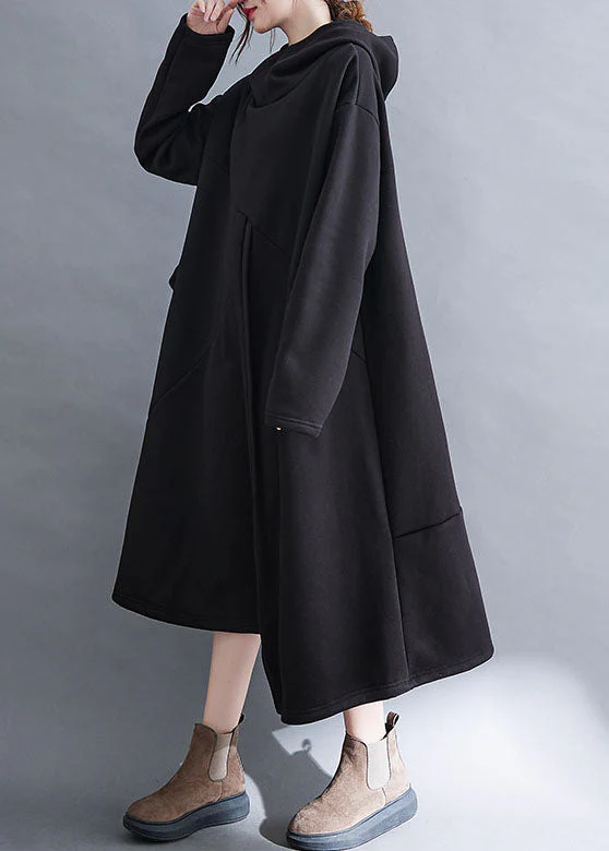 Style Black Patchwork Pockets Warm Fleece Vacation Dresses Winter - Image 3