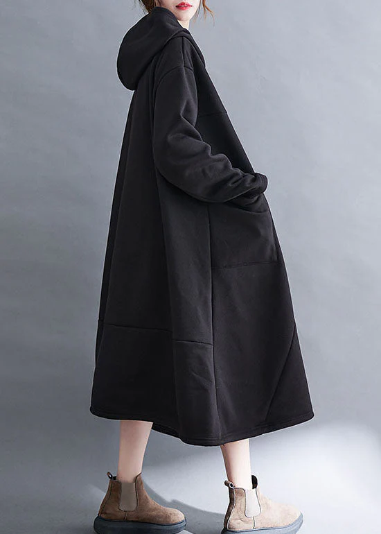 Style Black Patchwork Pockets Warm Fleece Vacation Dresses Winter - Image 4