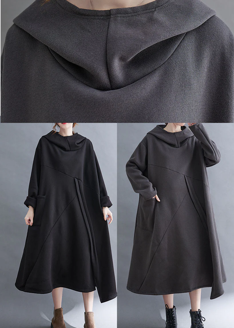 Style Black Patchwork Pockets Warm Fleece Vacation Dresses Winter - Image 5