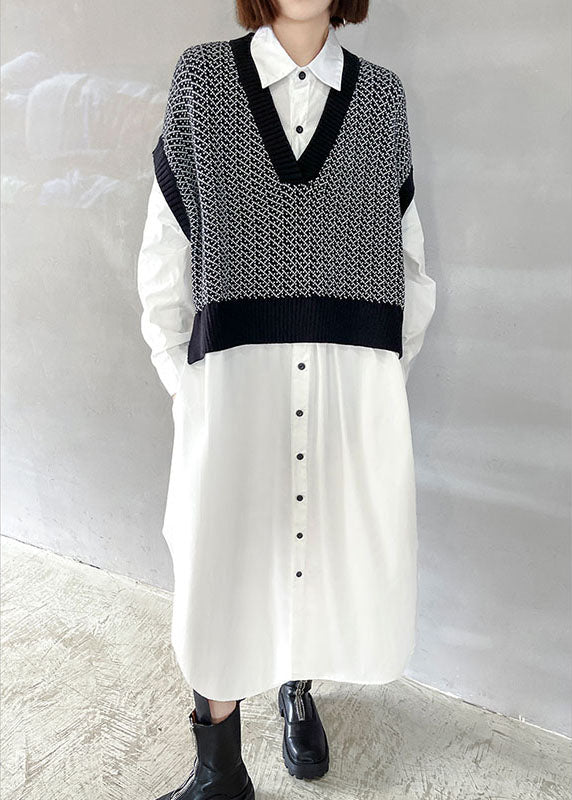 Style Black Patchwork White Button Loose Fall Dresses Long sleeve - Image 2