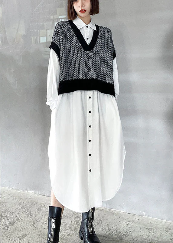 Style Black Patchwork White Button Loose Fall Dresses Long sleeve - Image 3