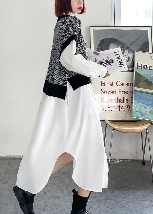 Style Black Patchwork White Button Loose Fall Dresses Long sleeve - Image 4