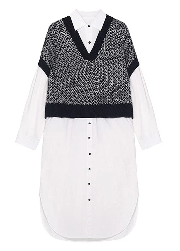 Style Black Patchwork White Button Loose Fall Dresses Long sleeve - Image 5