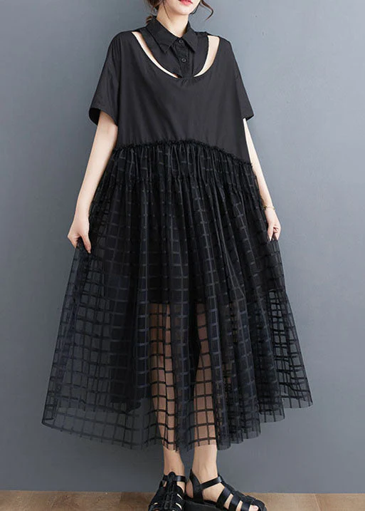 Style Black Peter Pan Collar Patchwork Tulle Shirts Dress Summer - Image 2