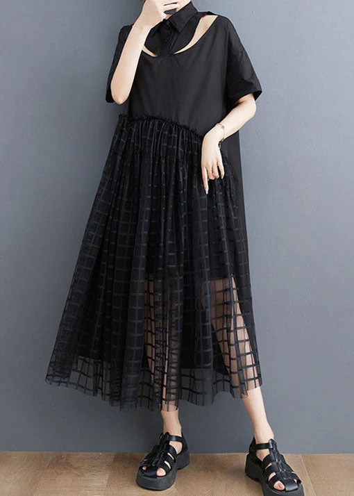Style Black Peter Pan Collar Patchwork Tulle Shirts Dress Summer - Image 3