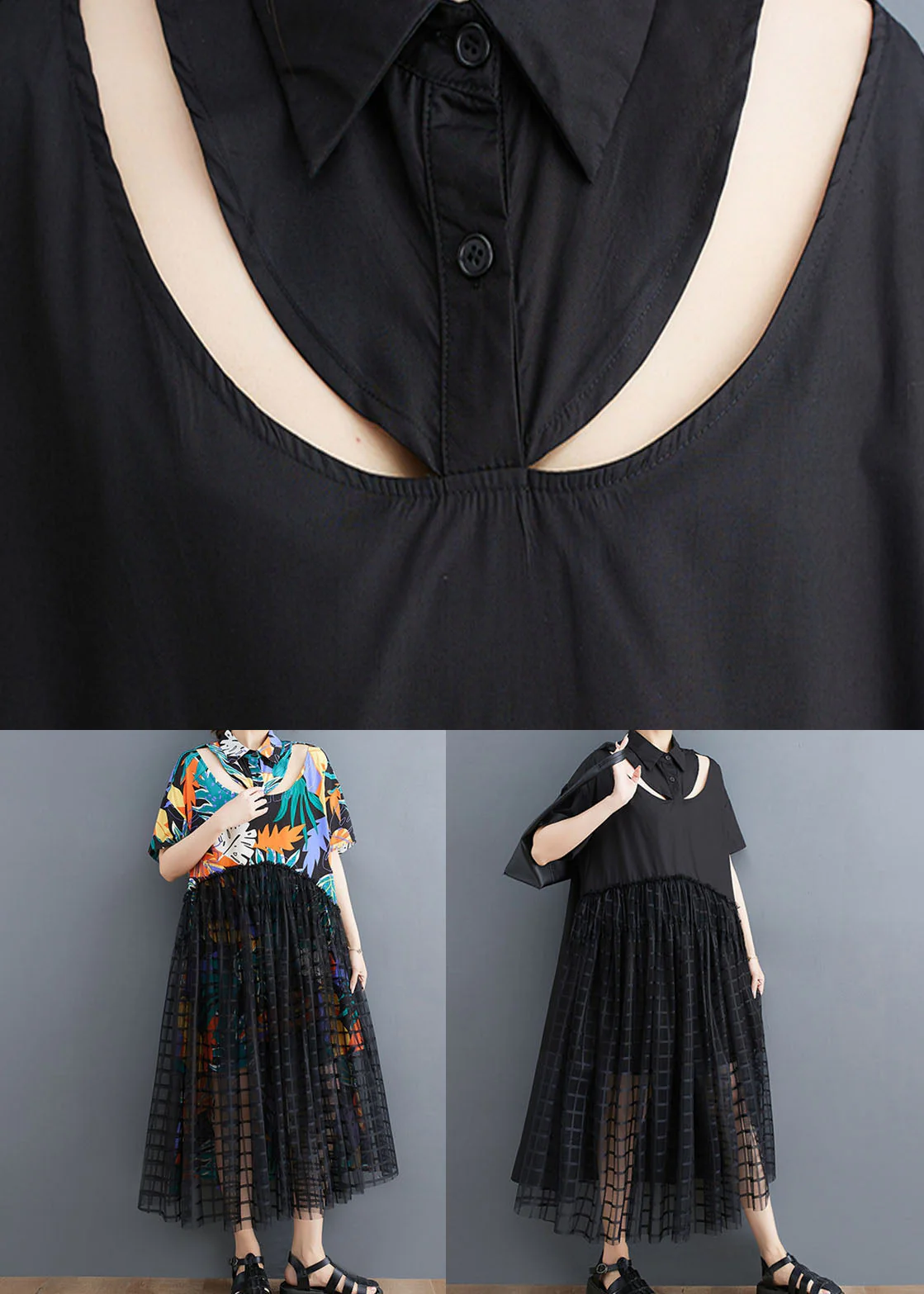 Style Black Peter Pan Collar Patchwork Tulle Shirts Dress Summer - Image 4