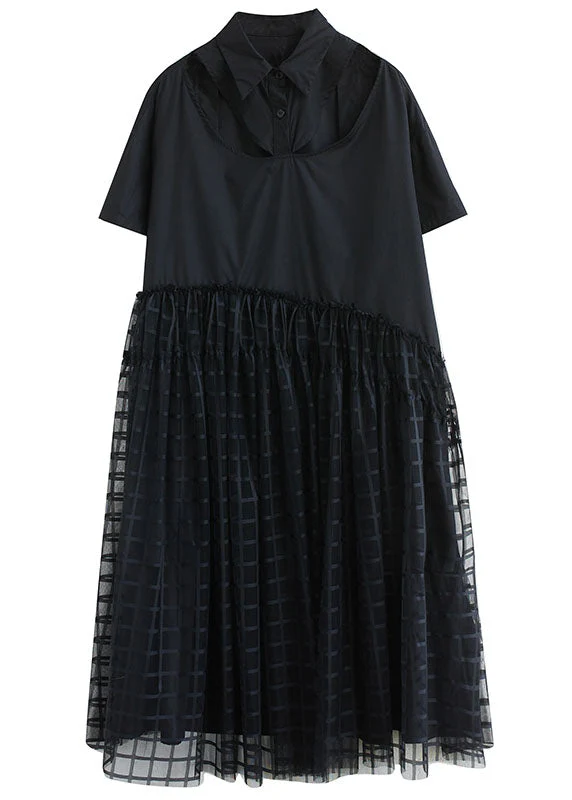 Style Black Peter Pan Collar Patchwork Tulle Shirts Dress Summer - Image 5