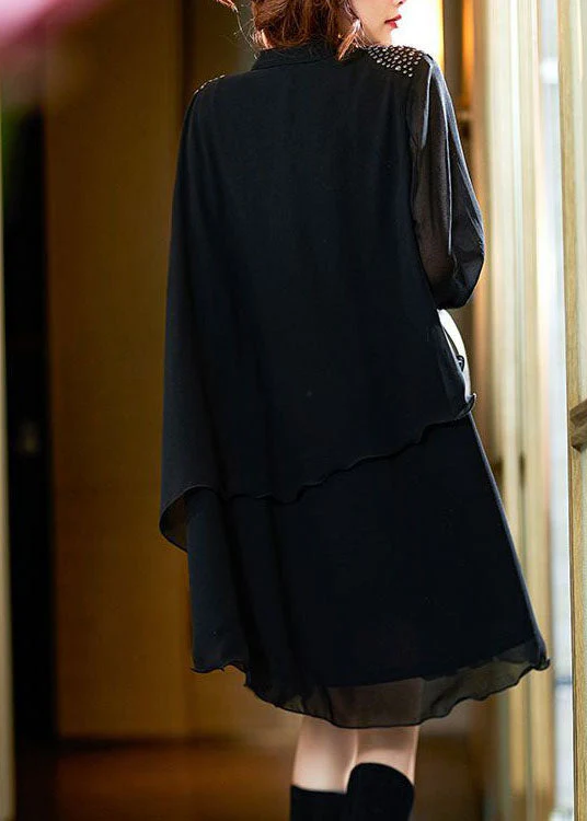 Style Black Peter Pan Collar Rivet Patchwork Chiffon Shirts Dresses Spring - Image 3