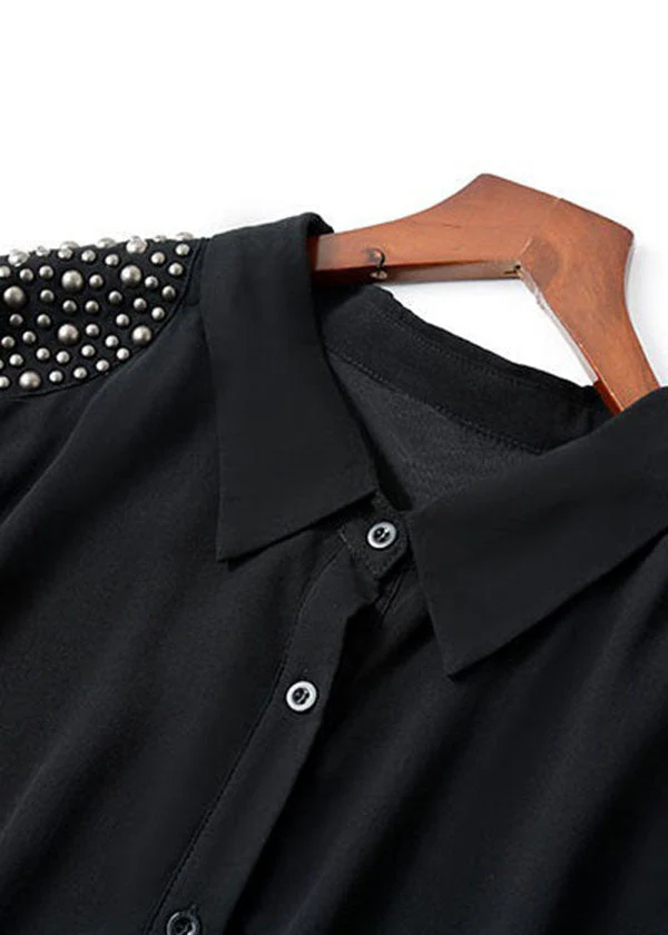Style Black Peter Pan Collar Rivet Patchwork Chiffon Shirts Dresses Spring - Image 4