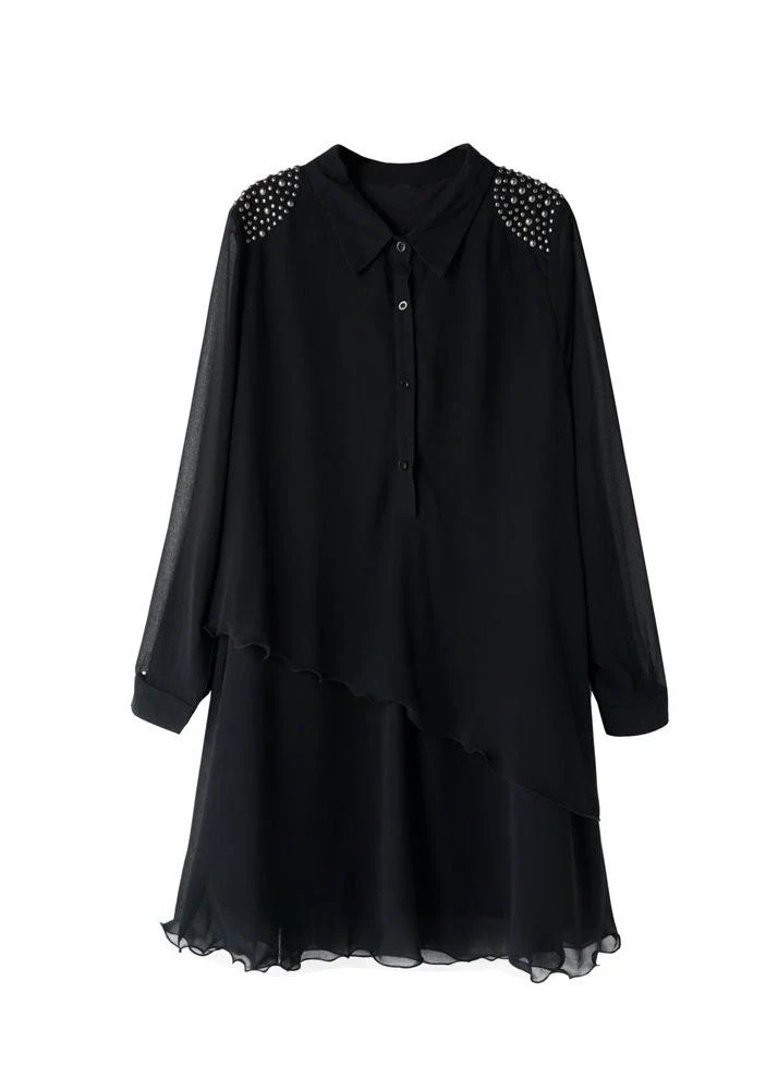Style Black Peter Pan Collar Rivet Patchwork Chiffon Shirts Dresses Spring - Image 5