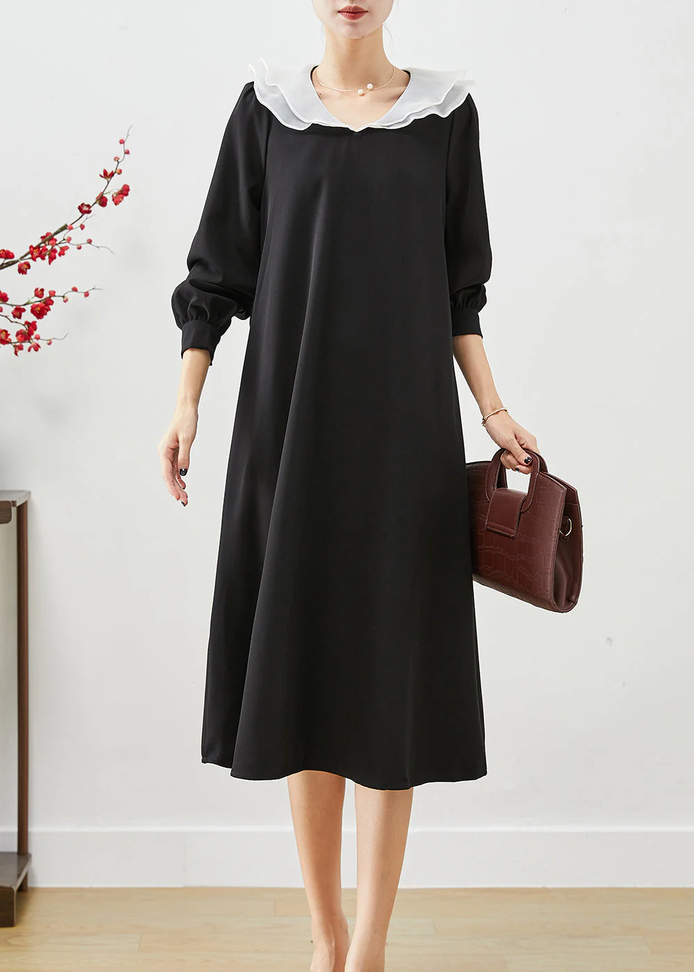 Style Black Peter Pan Collar Slim Fit Spandex Maxi Dress Fall - Image 2