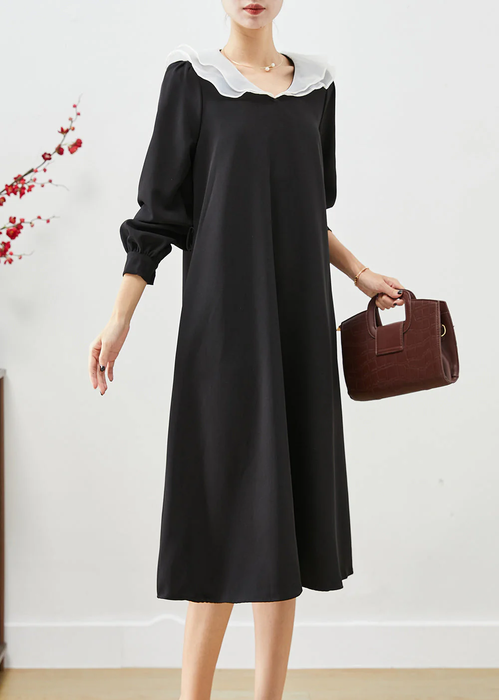 Style Black Peter Pan Collar Slim Fit Spandex Maxi Dress Fall - Image 3