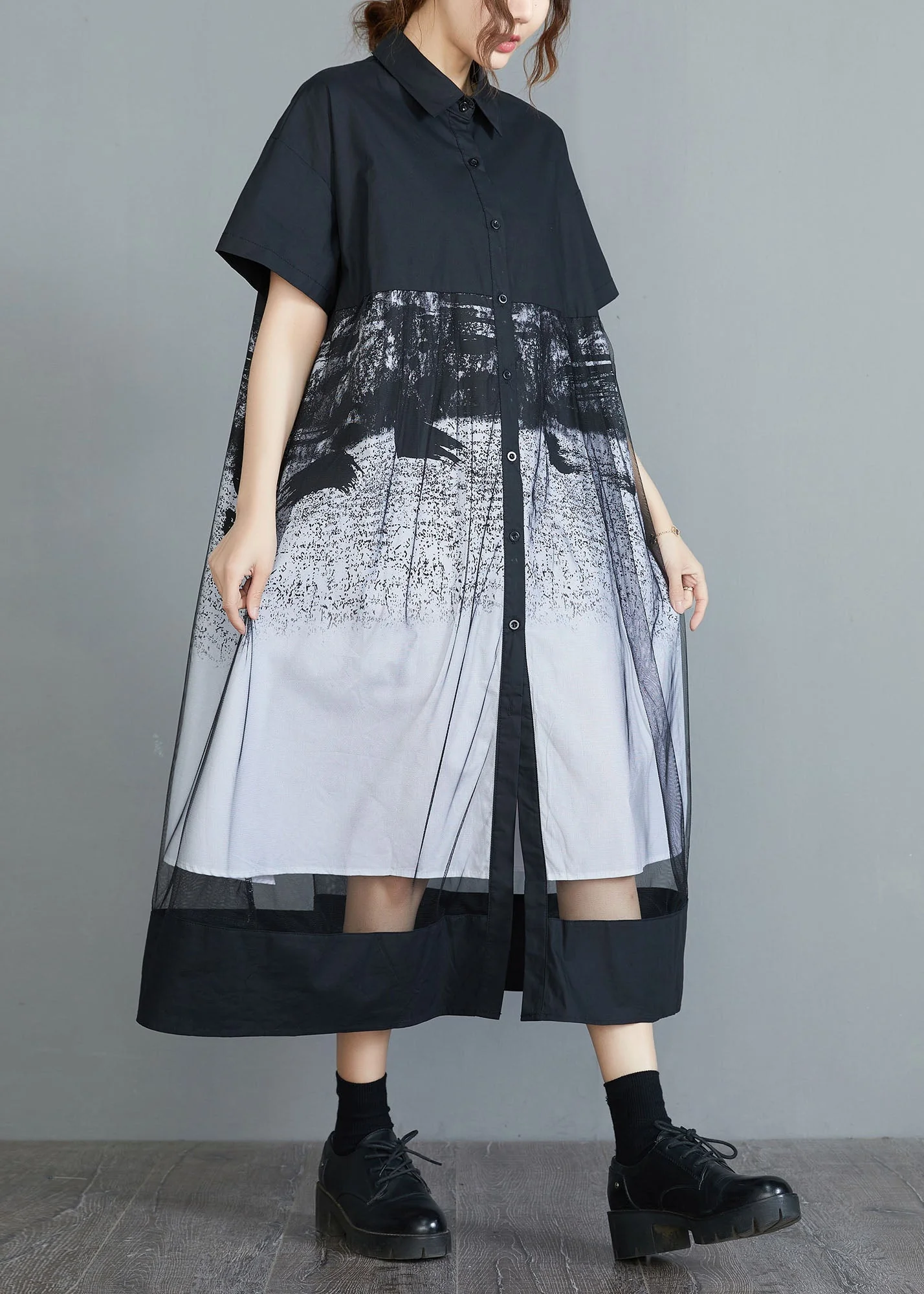 Style Black Peter Pan Collar Tulle Patchwork Cotton Maxi Dresses Short Sleeve - Image 3