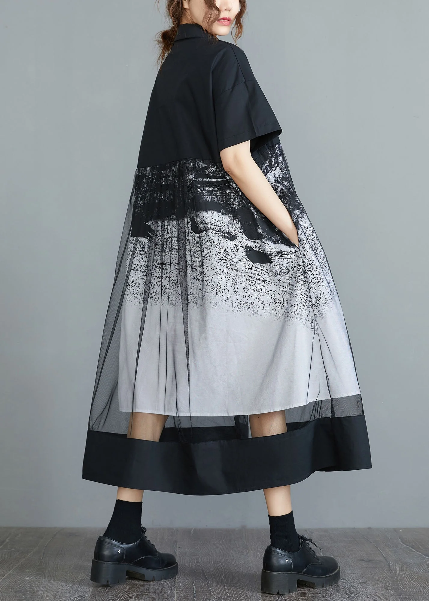 Style Black Peter Pan Collar Tulle Patchwork Cotton Maxi Dresses Short Sleeve - Image 4