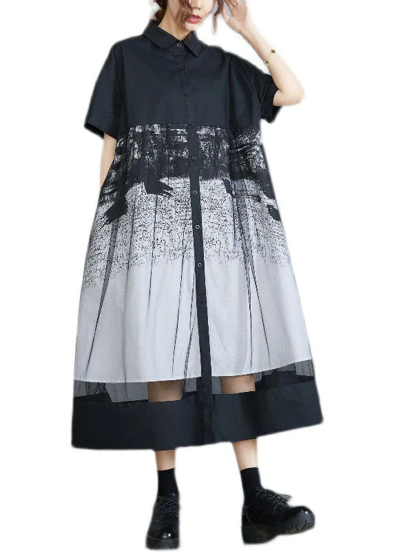 Style Black Peter Pan Collar Tulle Patchwork Cotton Maxi Dresses Short Sleeve - Image 5