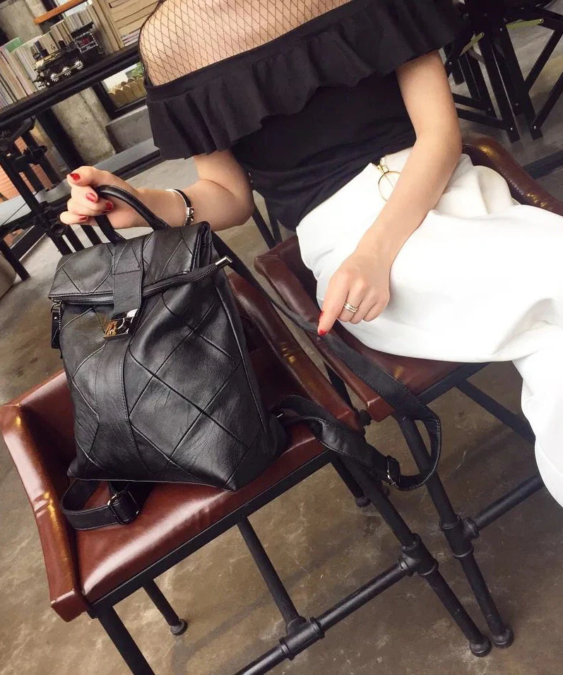 Style Black Plaid Large Capacity Faux Leather Versatile Backpack Bag - Image 3