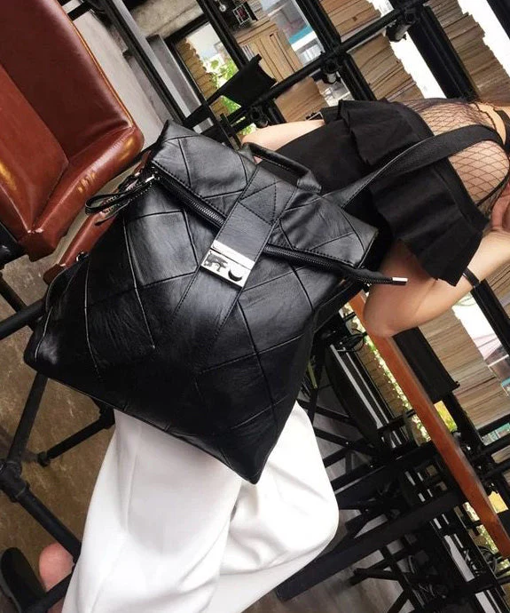 Style Black Plaid Large Capacity Faux Leather Versatile Backpack Bag - Image 4