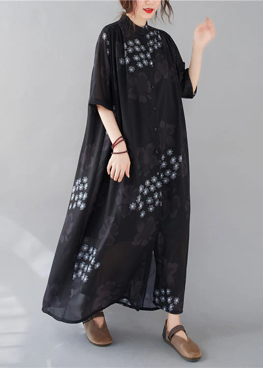 Style Black Print Stand Collar Chiffon Long Dresses Summer - Image 2