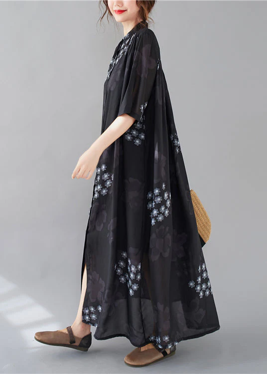 Style Black Print Stand Collar Chiffon Long Dresses Summer - Image 4