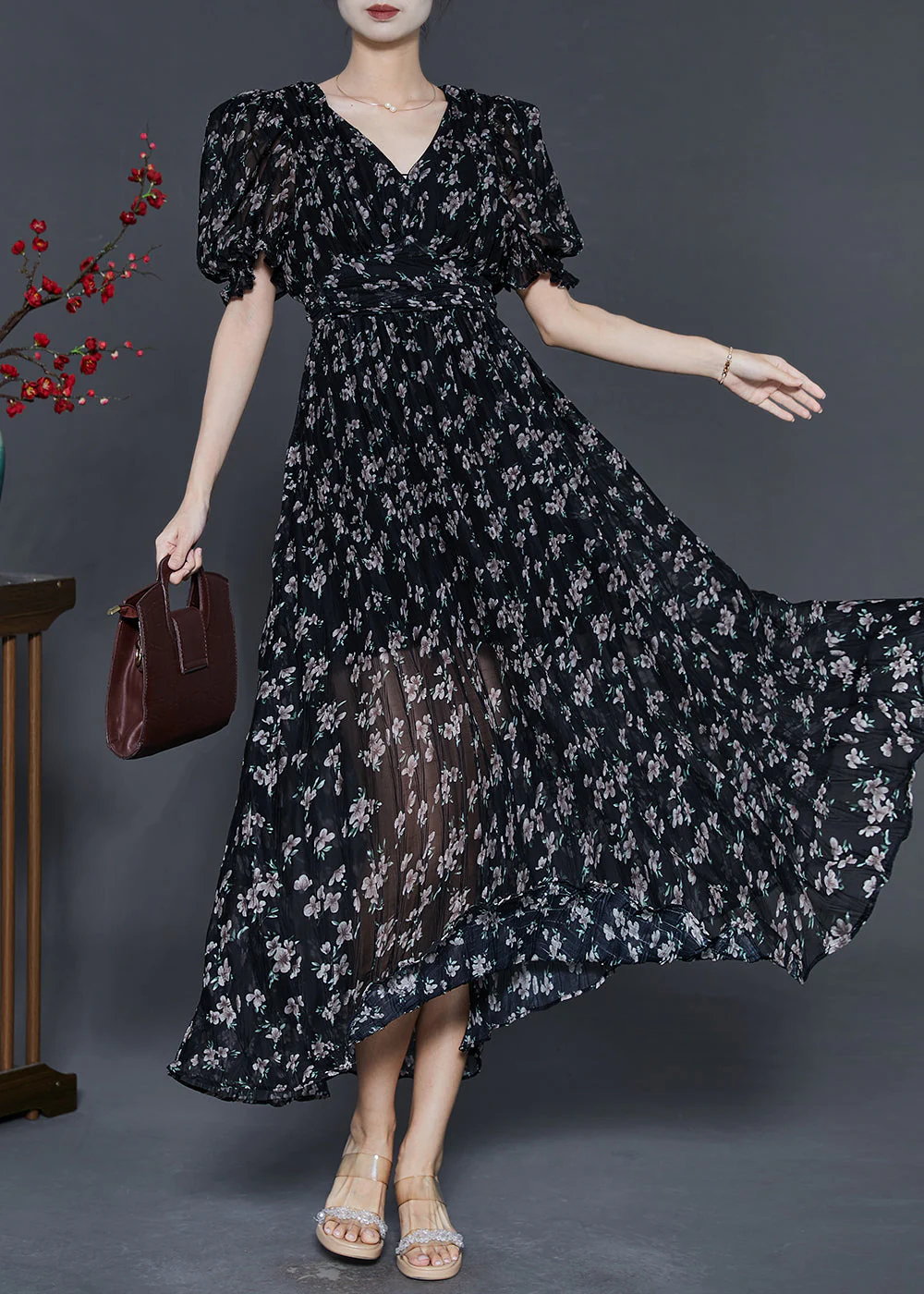 Style Black Puff Sleeve Print Chiffon Party Dress - Image 3