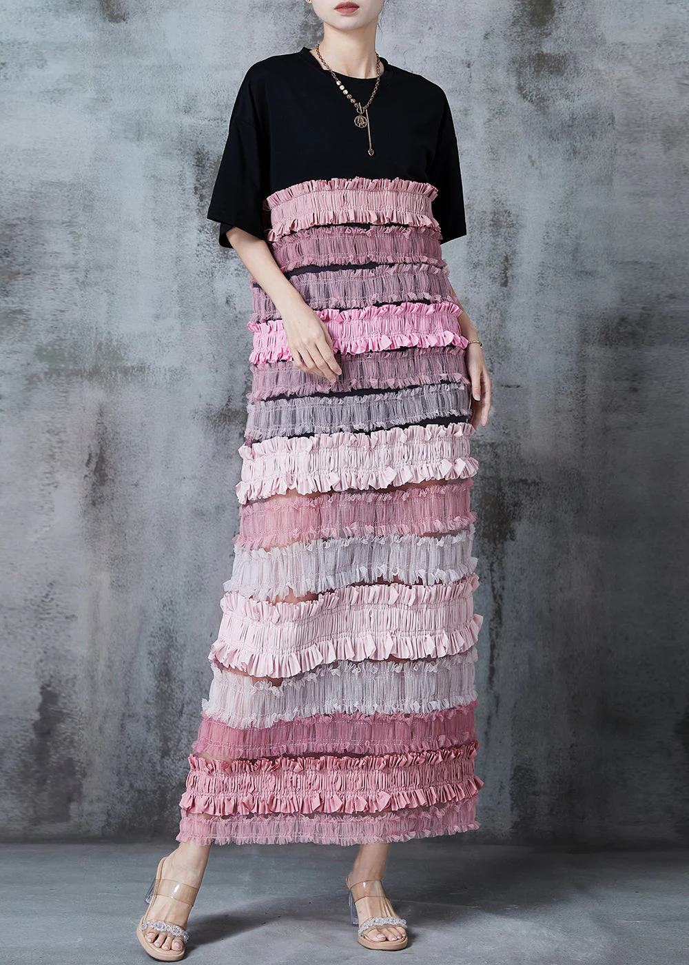 Style Black Ruffled Patchwork Cotton Ankle Dress Summer - Image 2