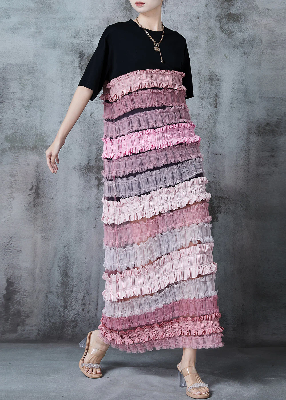 Style Black Ruffled Patchwork Cotton Ankle Dress Summer - Image 3
