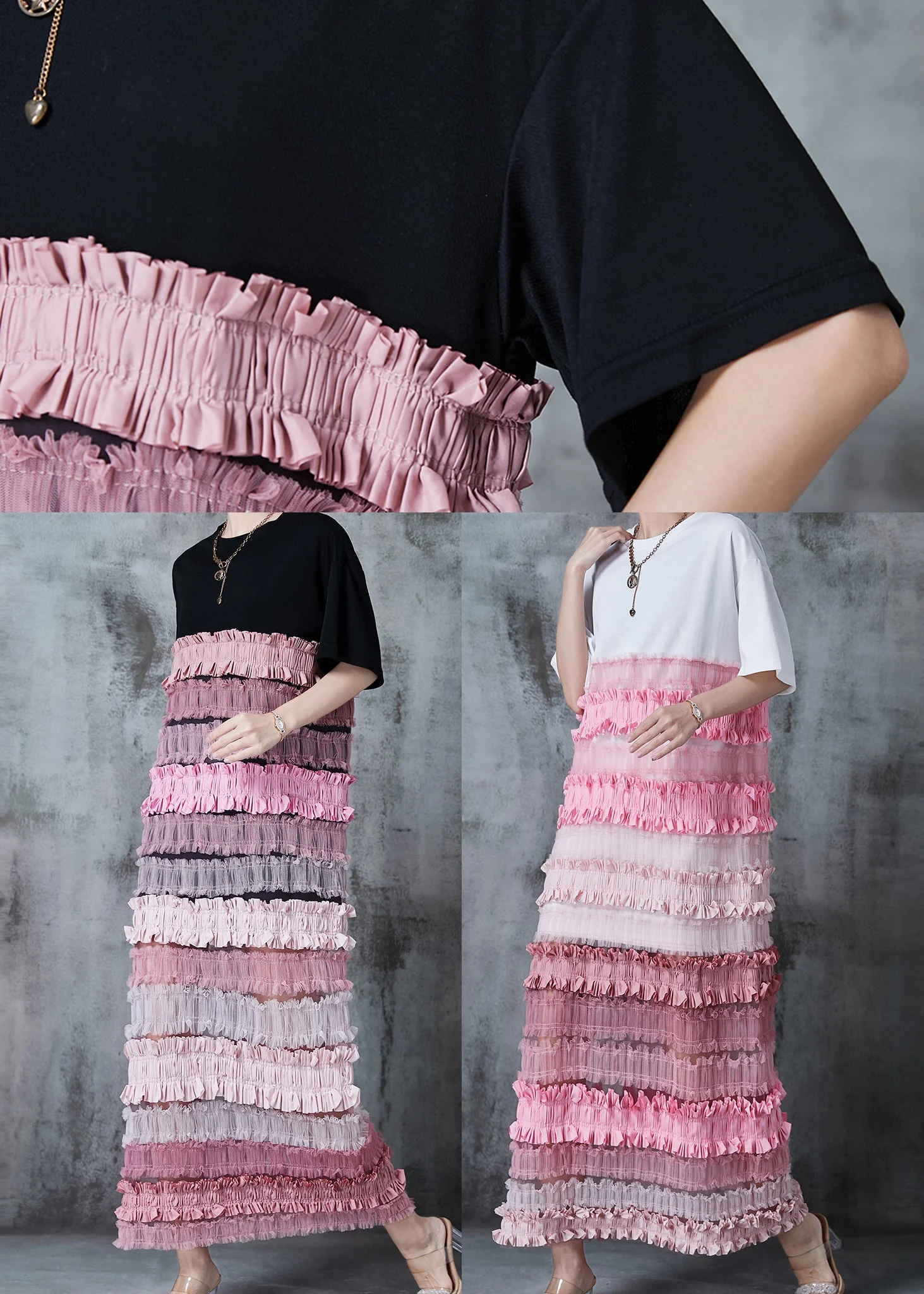 Style Black Ruffled Patchwork Cotton Ankle Dress Summer - Image 5