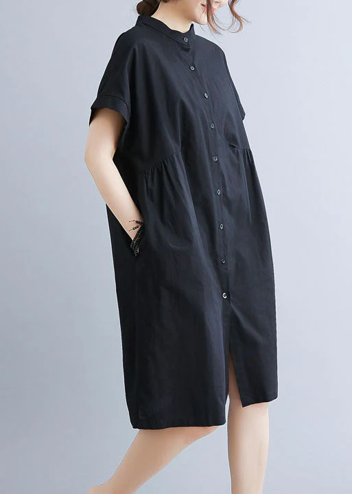 Style Black Stand Collar Wrinkled Cotton Shirt Dress Summer - Image 4
