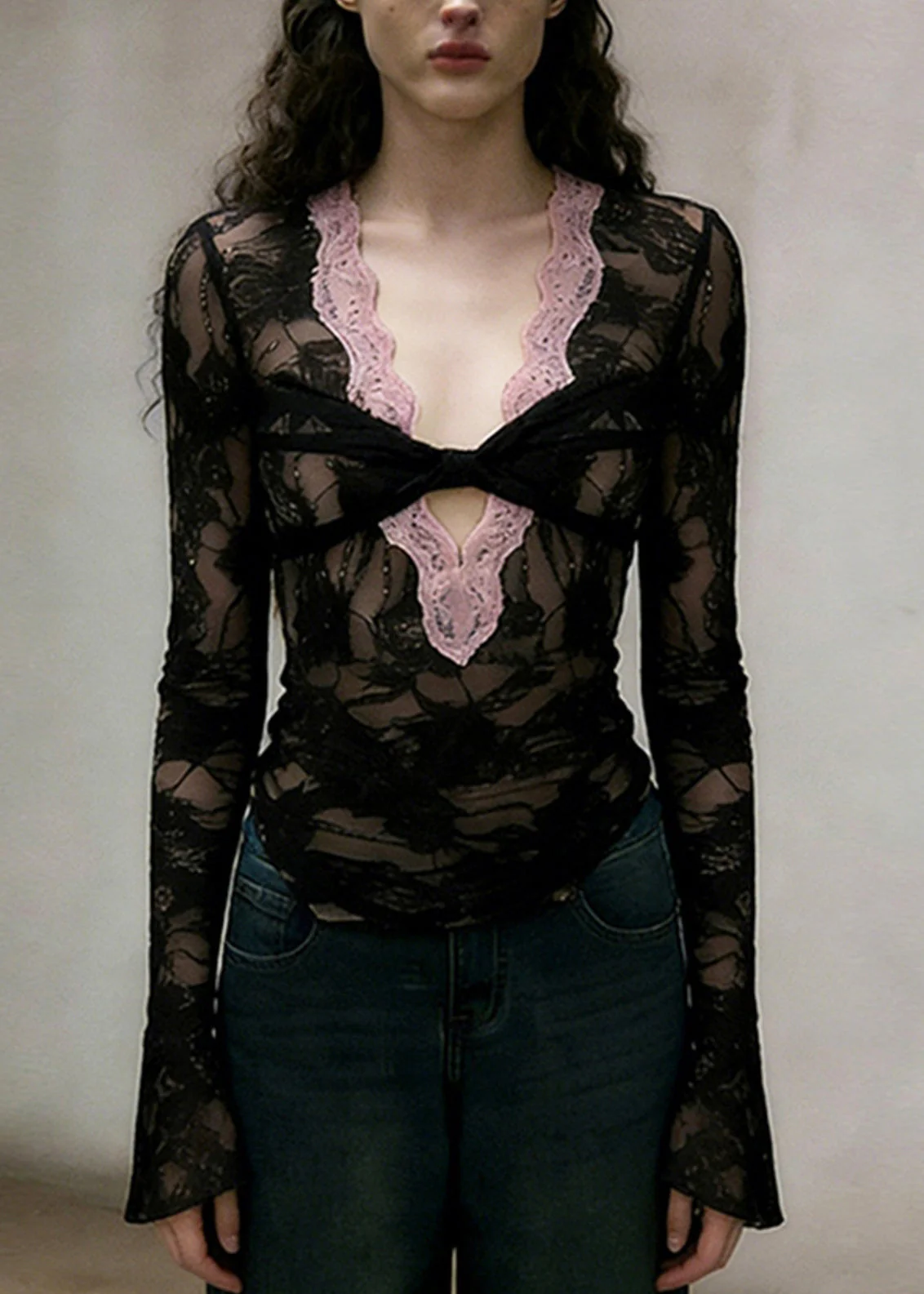 Style Black V Neck Patchwork Lace Shirt Top Spring - Image 2