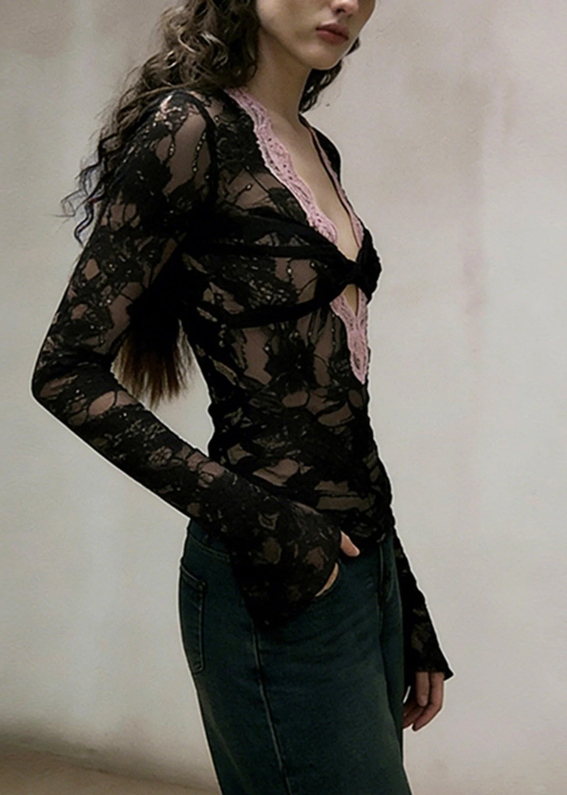 Style Black V Neck Patchwork Lace Shirt Top Spring - Image 3