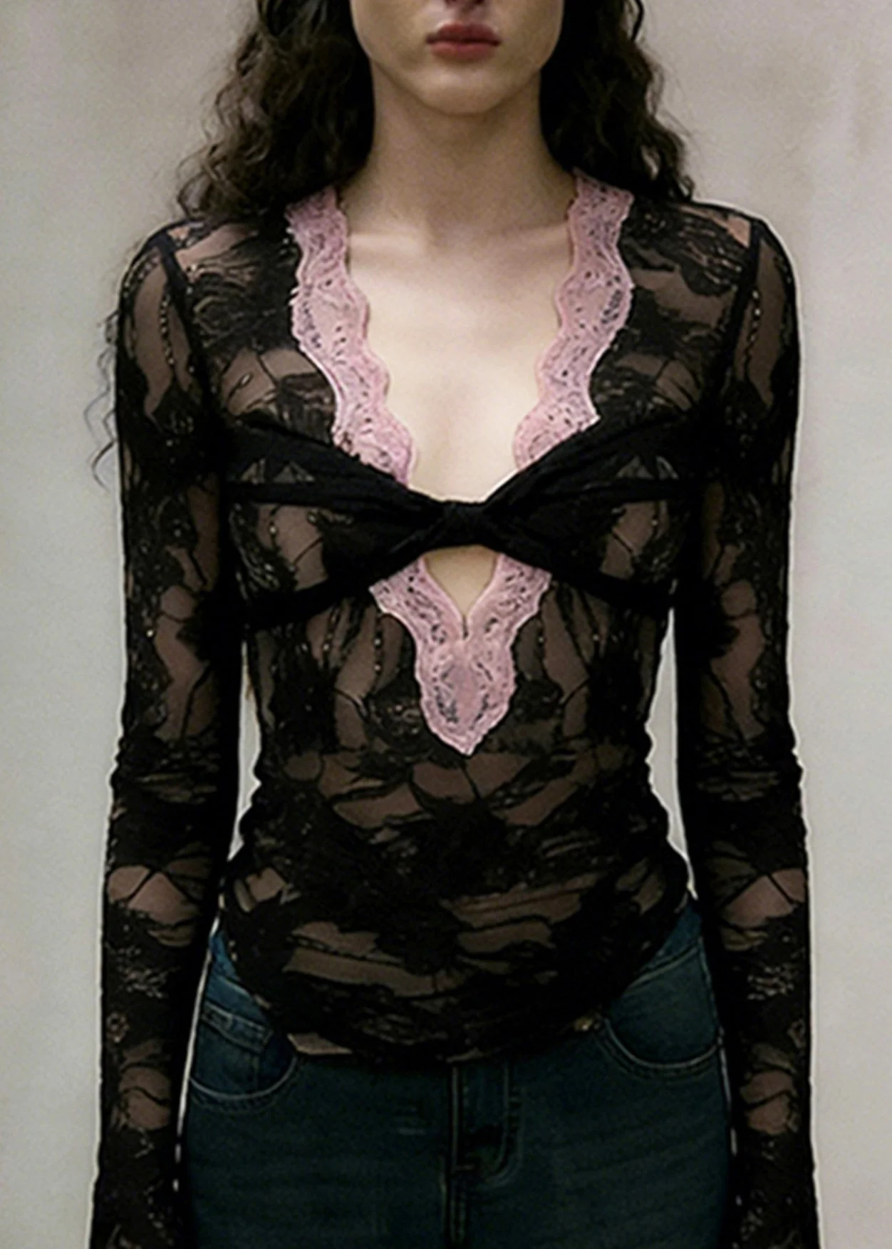 Style Black V Neck Patchwork Lace Shirt Top Spring - Image 4