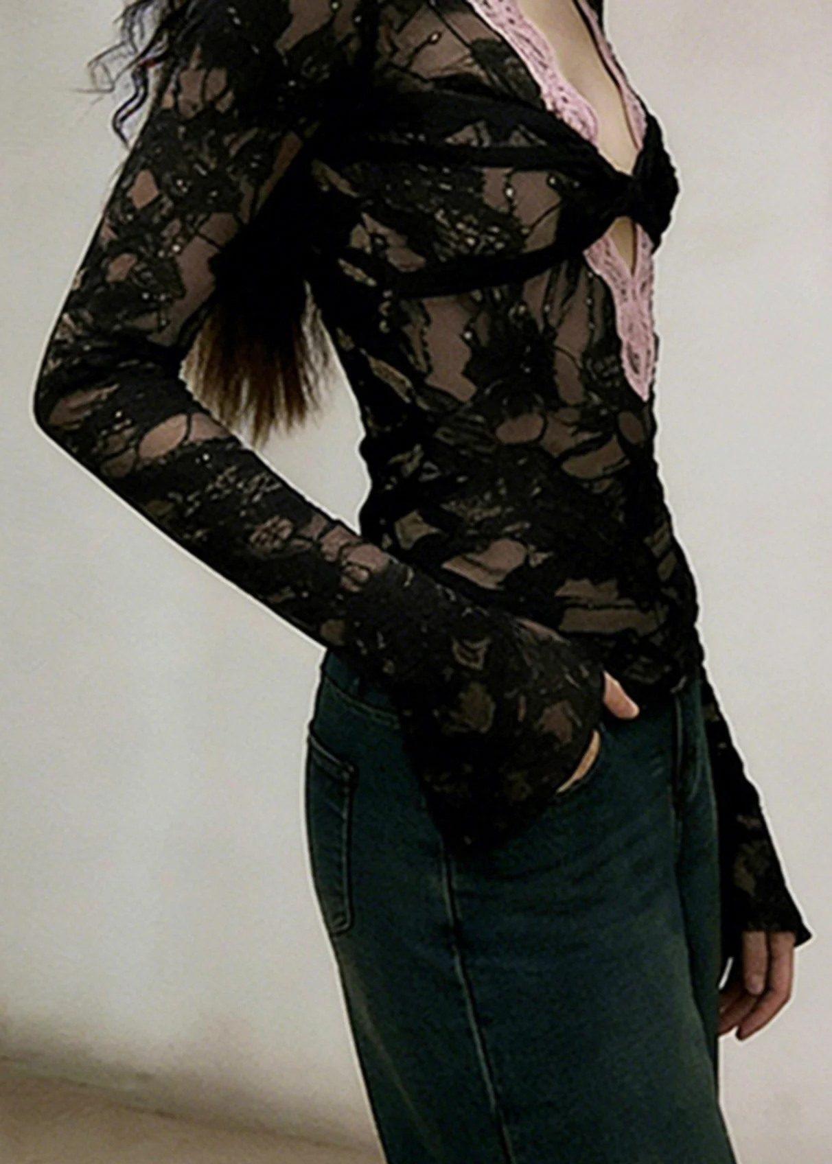 Style Black V Neck Patchwork Lace Shirt Top Spring - Image 5