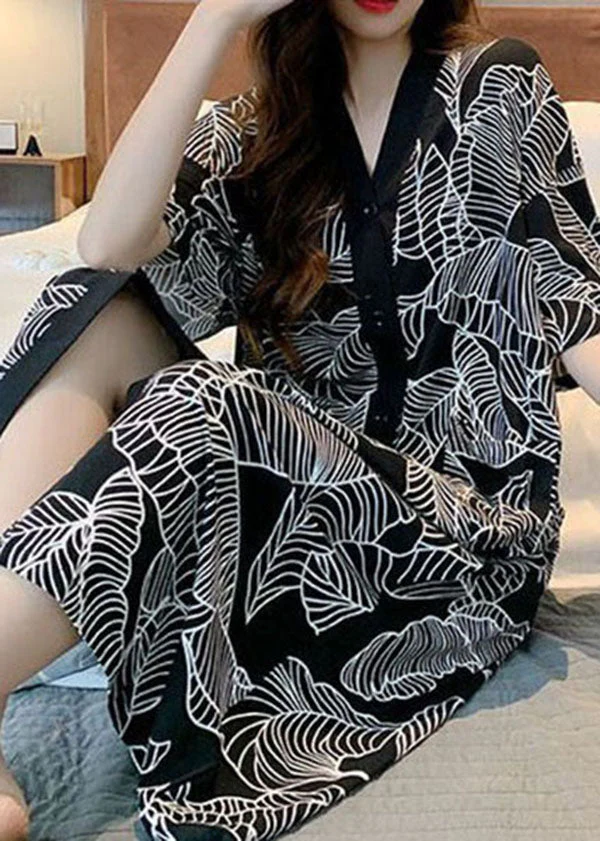 Style Black V Neck Print Patchwork Cotton Pajamas Dresses Summer - Image 2
