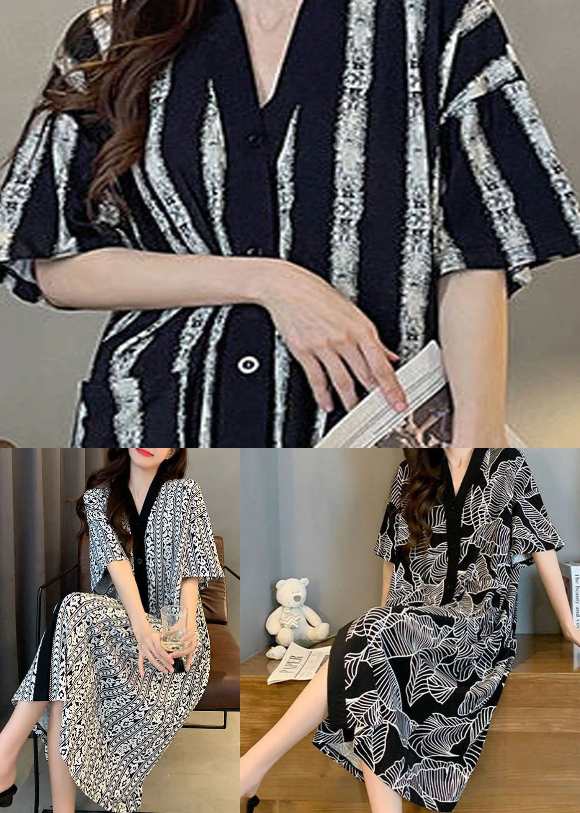 Style Black V Neck Print Patchwork Cotton Pajamas Dresses Summer - Image 5