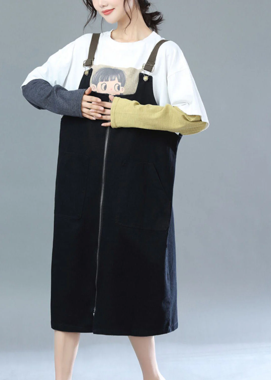 Style Black Zippered Oversized Cotton Suspender Dress - Image 2