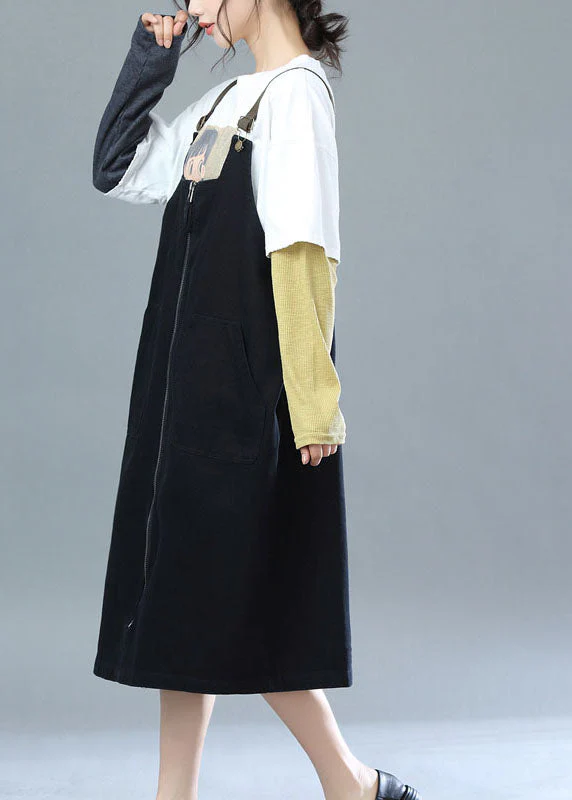 Style Black Zippered Oversized Cotton Suspender Dress - Image 3