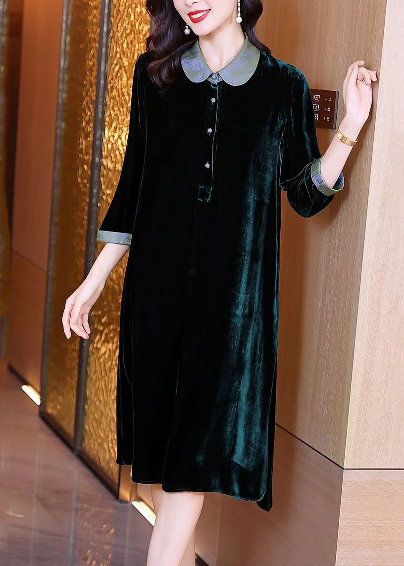 Style Blackish Green Button Wrinkled Silk Velour Long Dresses Bracelet Sleeve - Image 2