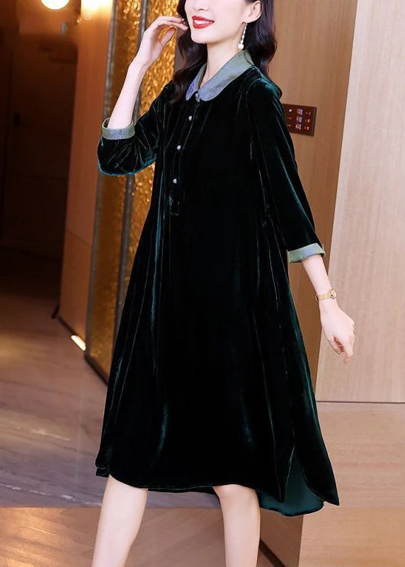 Style Blackish Green Button Wrinkled Silk Velour Long Dresses Bracelet Sleeve - Image 3