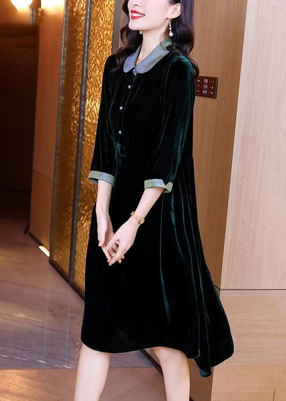 Style Blackish Green Button Wrinkled Silk Velour Long Dresses Bracelet Sleeve - Image 4
