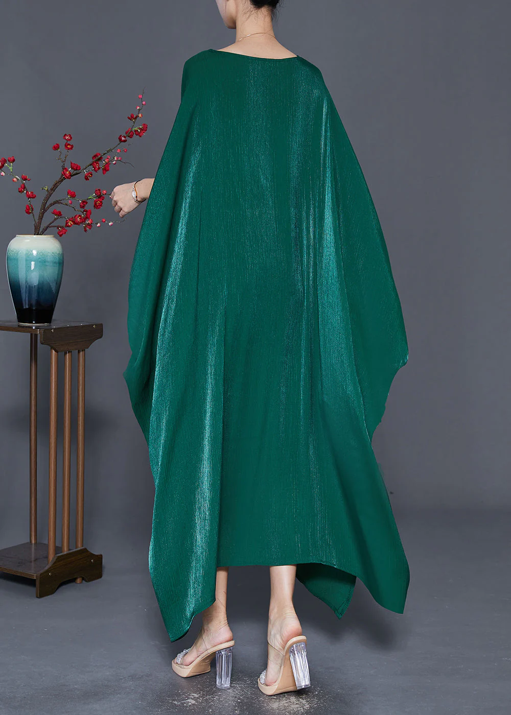Style Blackish Green Embroideried Patchwork Silk Long Dresses Batwing Sleeve - Image 4