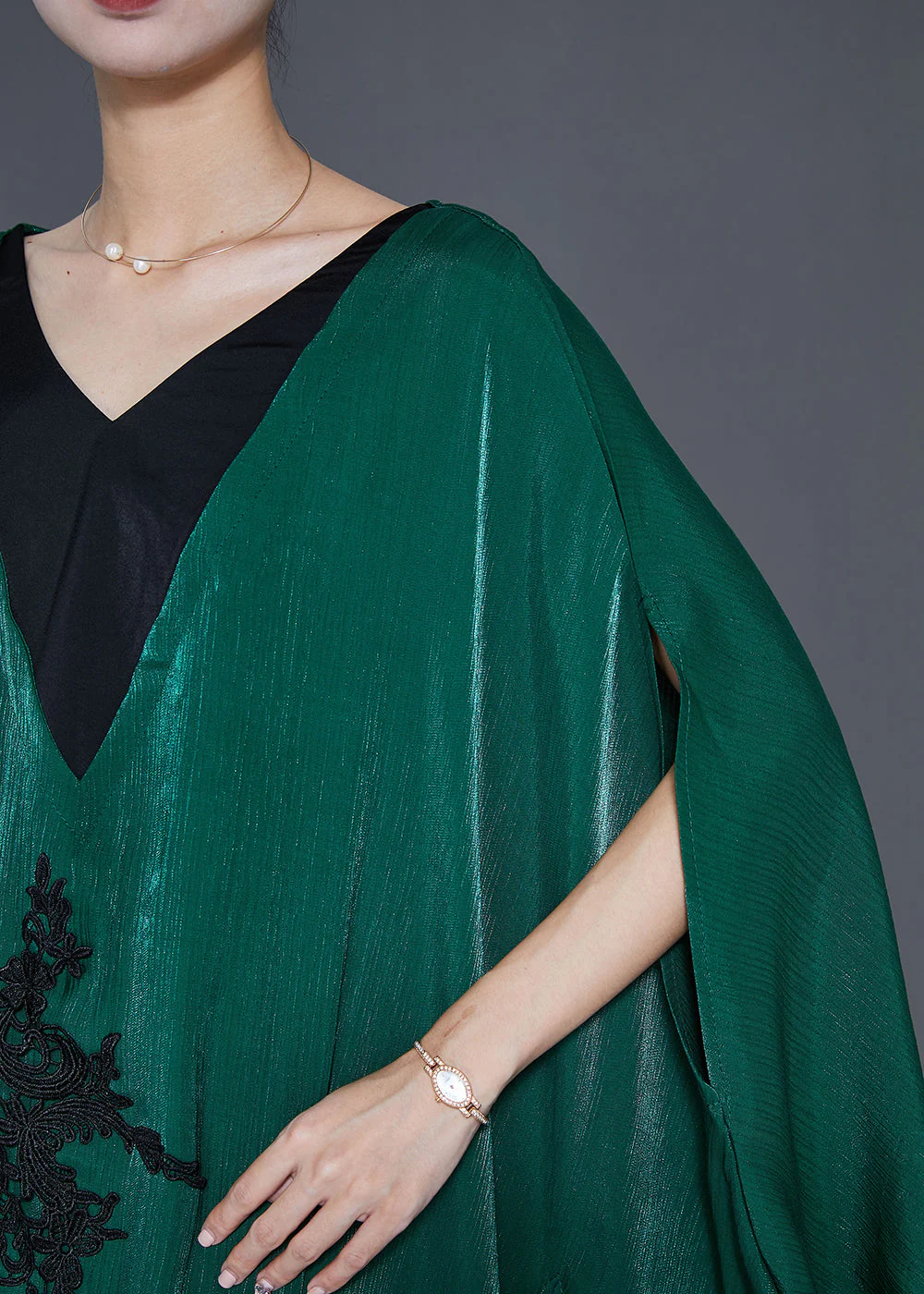 Style Blackish Green Embroideried Patchwork Silk Long Dresses Batwing Sleeve - Image 5