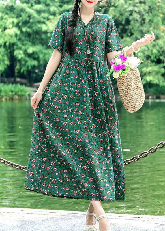 Style Blackish Green O-Neck Print Wrinkled Linen Dress Short Sleeve - Image 2