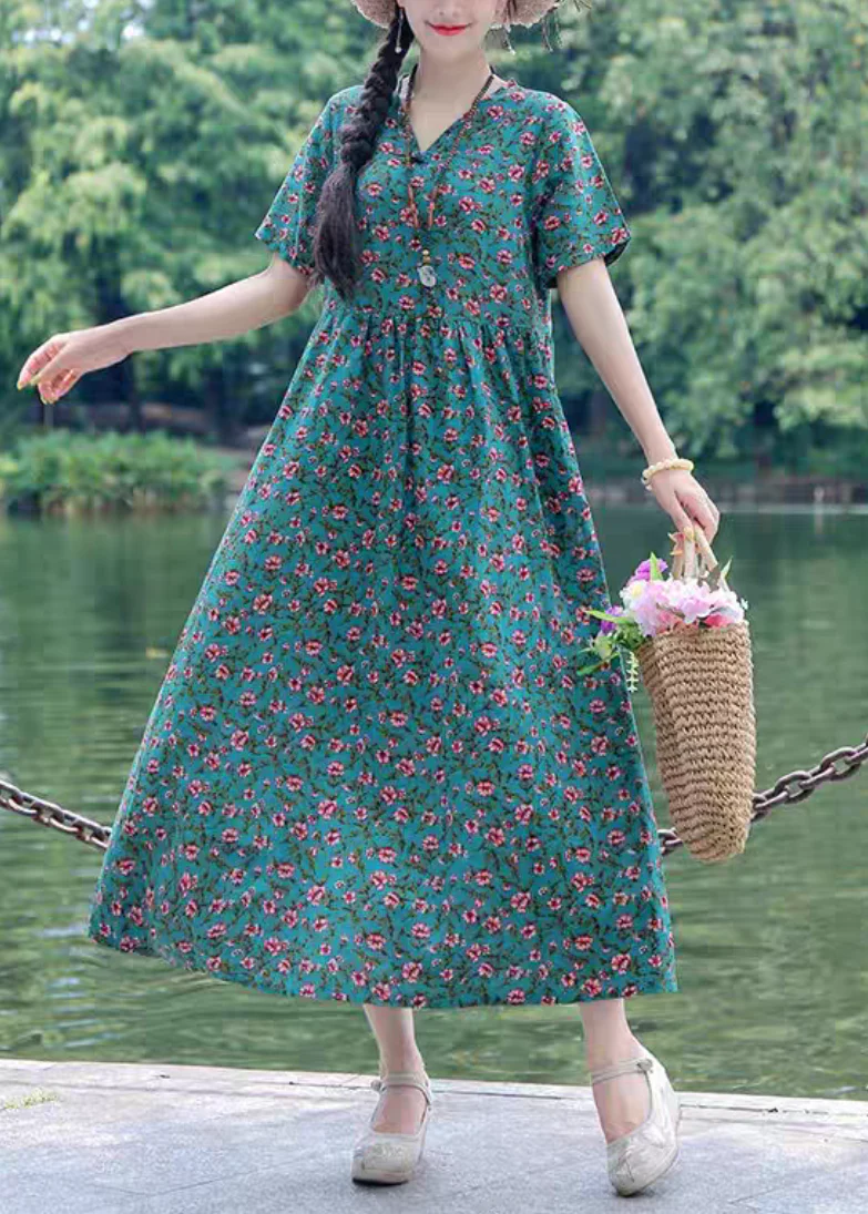 Style Blackish Green O-Neck Print Wrinkled Linen Dress Short Sleeve - Image 3